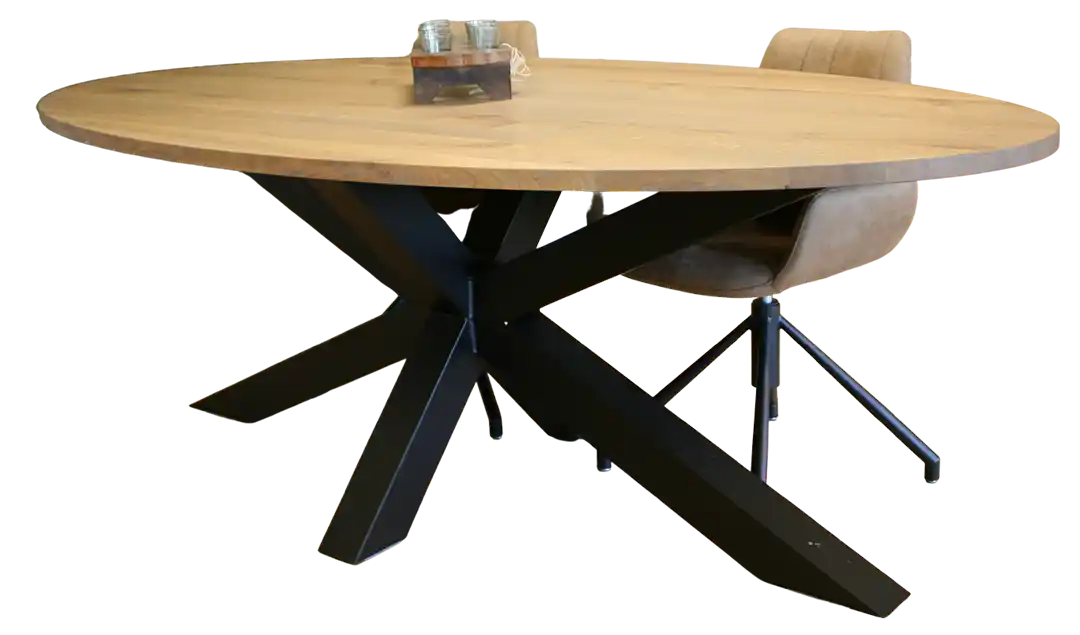 Ovale eiken tafel ovaal met metalen vlinderpoot in het midden