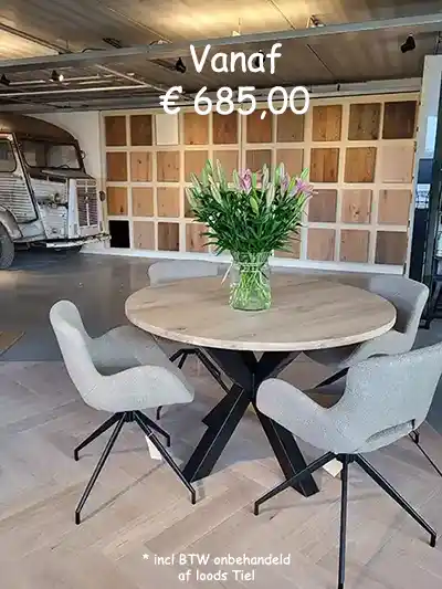 Houten vloeren voor actieprijzen. Geen dure tussenpersonen nodig Ronde eiken tafel Stamford met metalen poot prijsvergelijk na